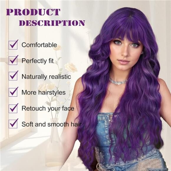Purple Wavy Wig With Bangs for Women - Picture 2 of 6